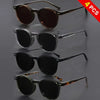 Four pairs of black and brown square sunglasses displayed on a gray background.