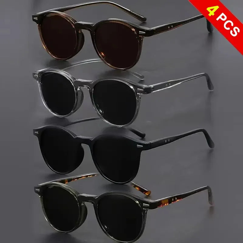 Four pairs of black and brown square sunglasses displayed on a gray background.