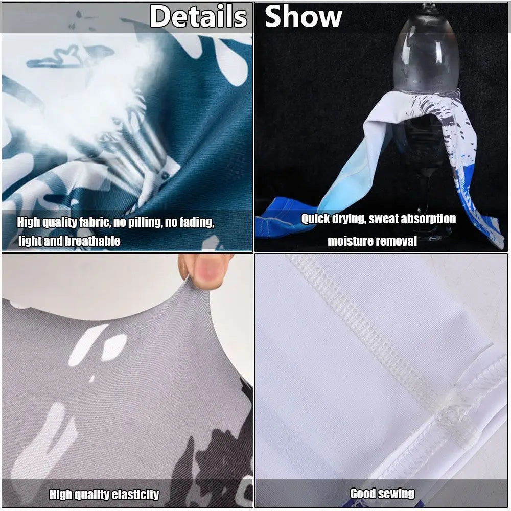 A set of white and blue cooling UV protection arm sleeves showing fabric details, elasticity, and sewing quality.