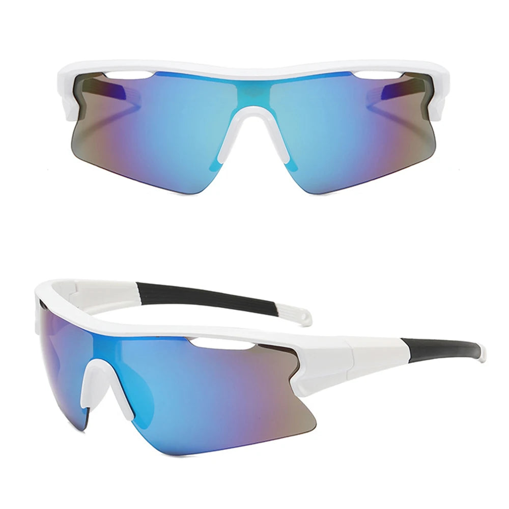 Pair of blue-tinted sport sunglasses with white frames shown from the front and side.