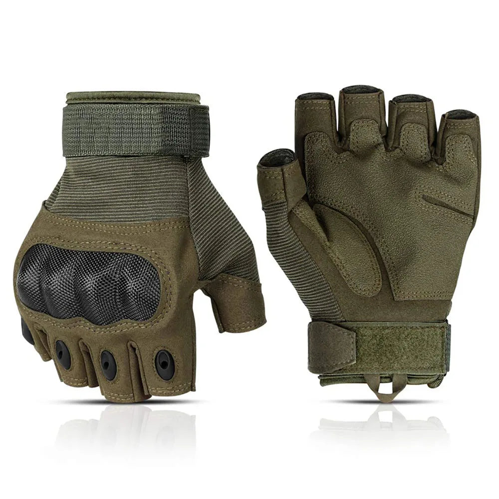 A pair of olive green tactical fingerless gloves shown from the top view.