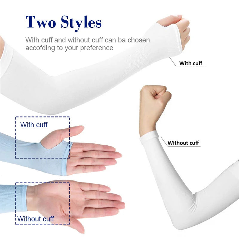 White arm sleeves shown with and without cuffs, demonstrating two styles for sun protection.