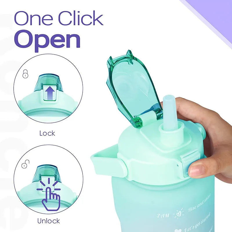 Una mano abre una botella de agua azul claro con tapa transparente usando un mecanismo de apertura de un solo clic.