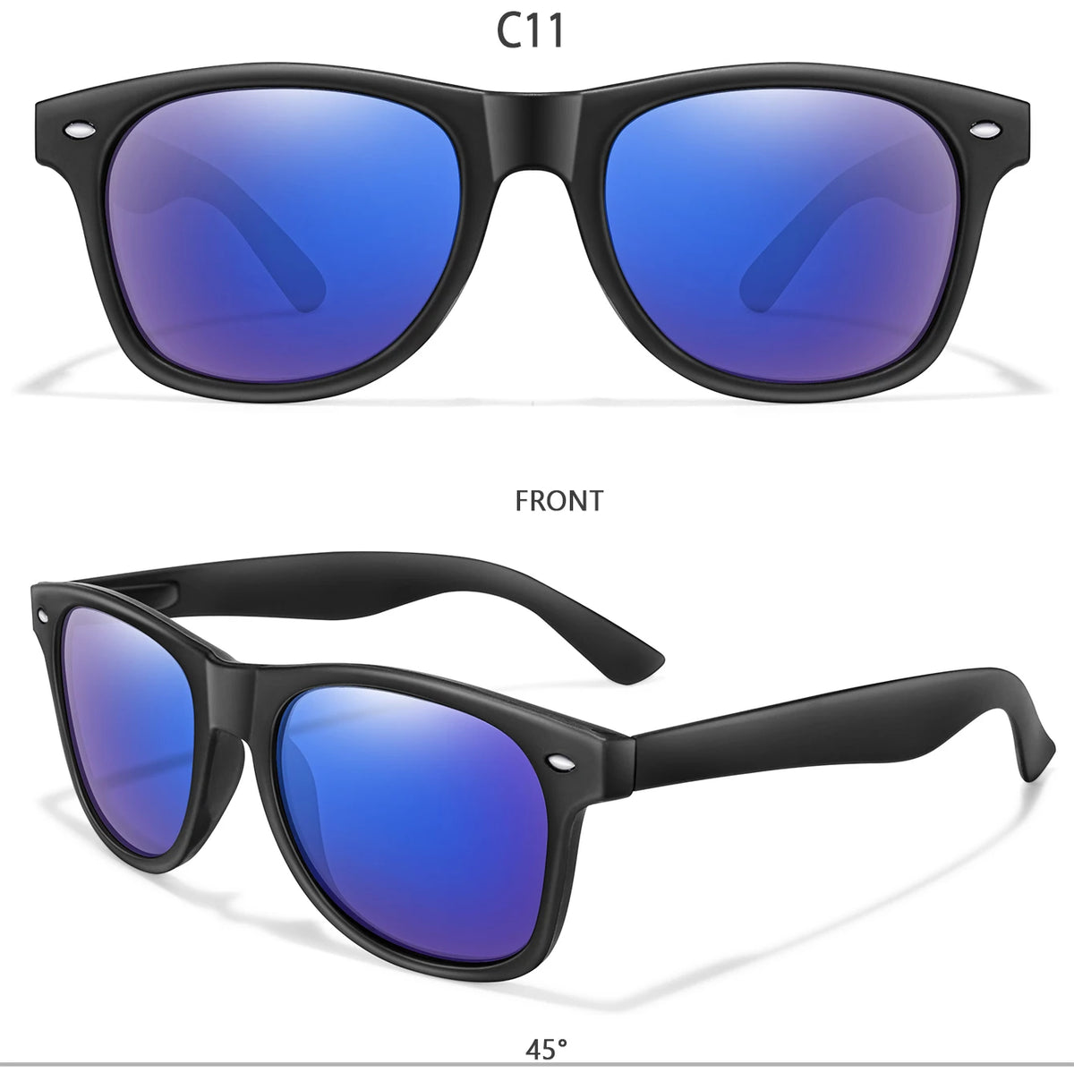 A pair of black sunglasses with blue lenses shown from the front and side angle.