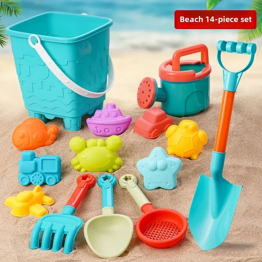 Set de excavación de playa de plástico de 14 piezas con cubo, palas y herramientas para niños.