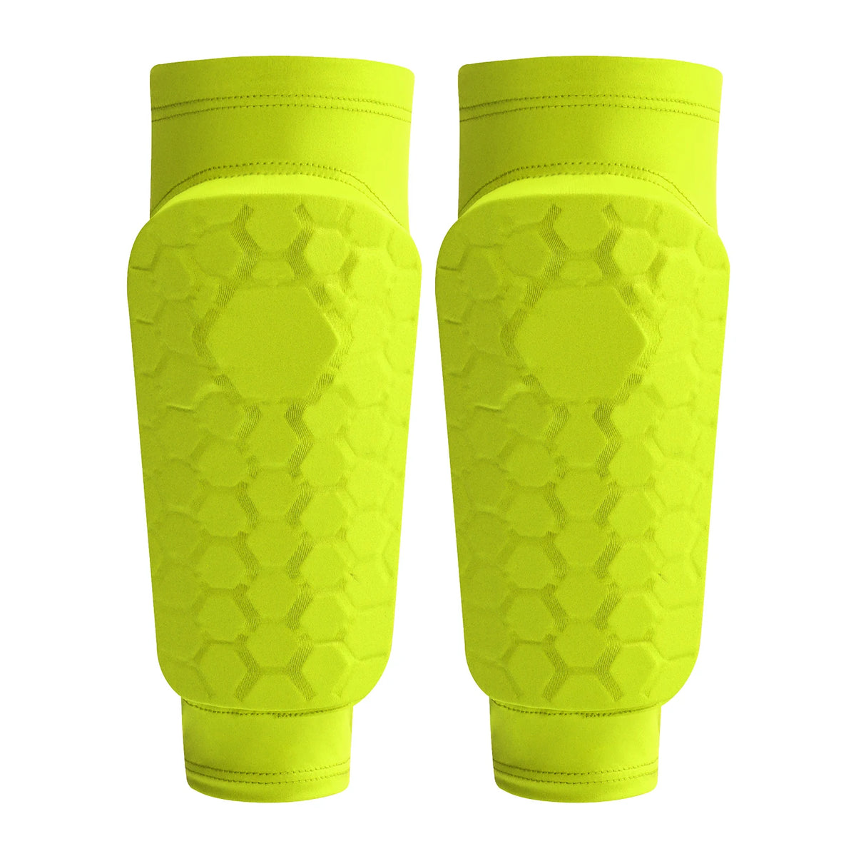 A pair of bright lime green lightweight soccer shin guards for calf protection.