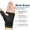 Black wrist brace shown on a hand, designed for joint support and natural motion.
