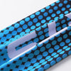 Close-up of a blue and black patterned fabric featuring white text on a sleeve or band.
