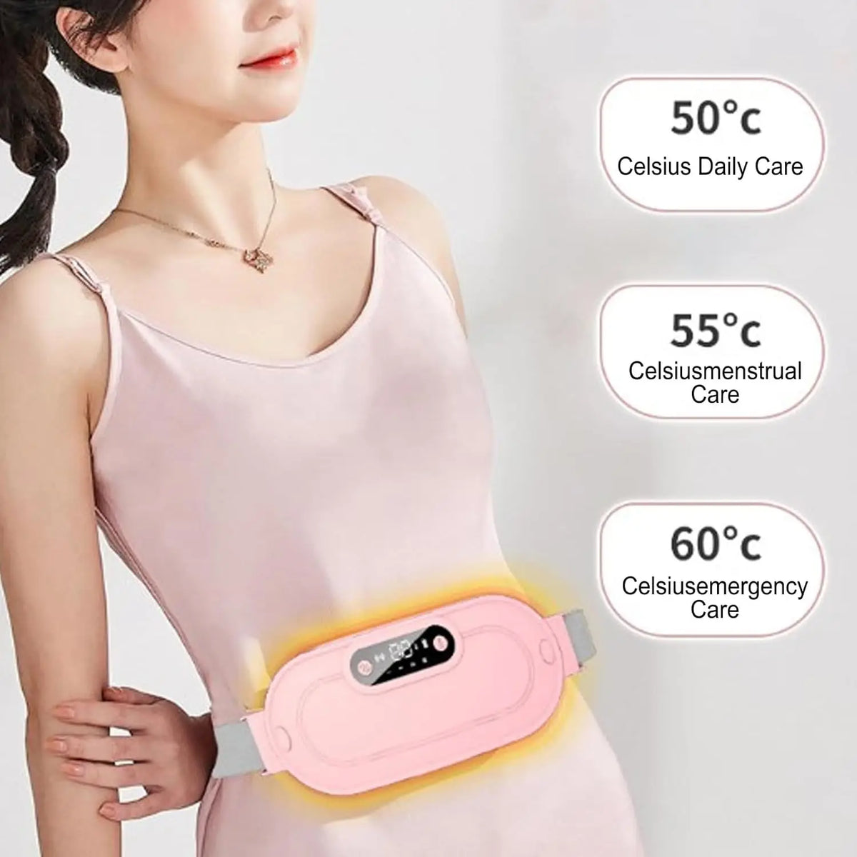 A woman is shown using a portable pink menstrual heating pad on her abdomen, with temperature settings displayed.