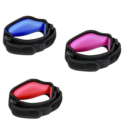 Three silicone tennis elbow support braces in blue, pink, and red colors shown from above.