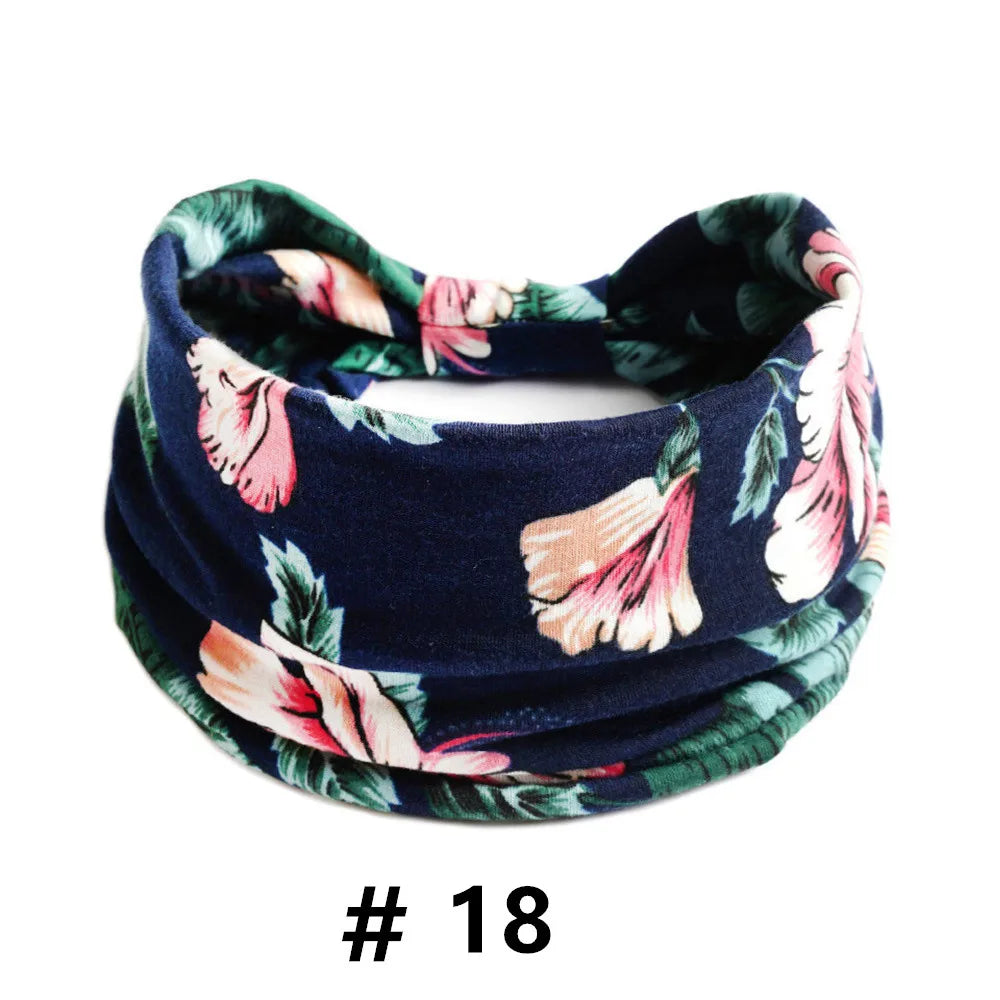 Tire-bande en coton stretch bleu marine style bohème avec imprimé floral