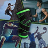 A green compression knee brace is shown in various sports contexts, including weightlifting and athletic movement.