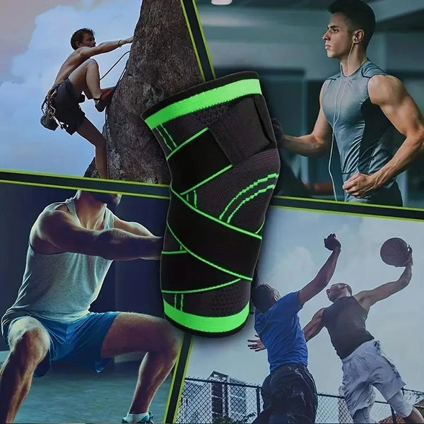 Une genouillère de compression verte est montrée dans divers contextes sportifs, notamment la musculation et le mouvement ath