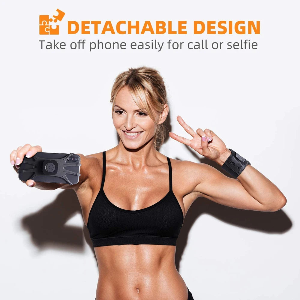 A woman demonstrates a detachable phone wrist strap design for calls or selfies.
