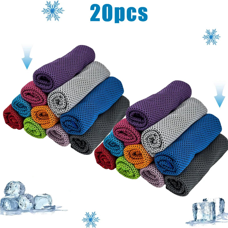 A collection of 20 purple, blue, and gray cooling microfiber towels arranged in a fan shape.