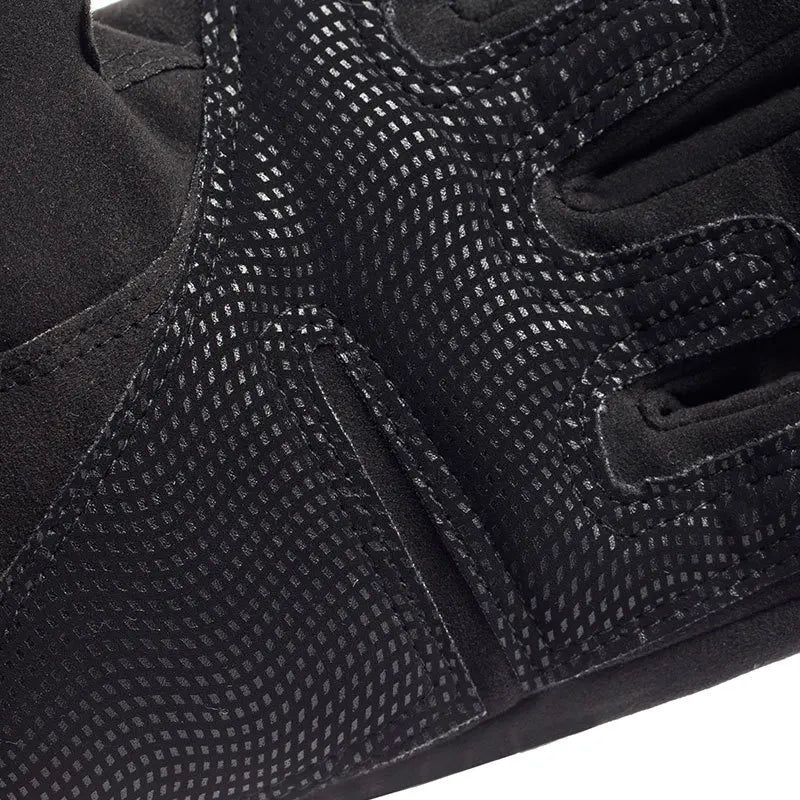 Close-up view of black half-finger anti-slip outdoor gloves with a textured grip pattern.