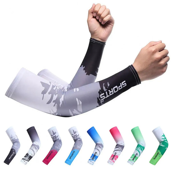 A collection of various colored UV protection ice silk arm sleeves shown on a person's arm.