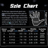 A size chart for goalkeeper gloves showing measurements for various glove sizes and ages.