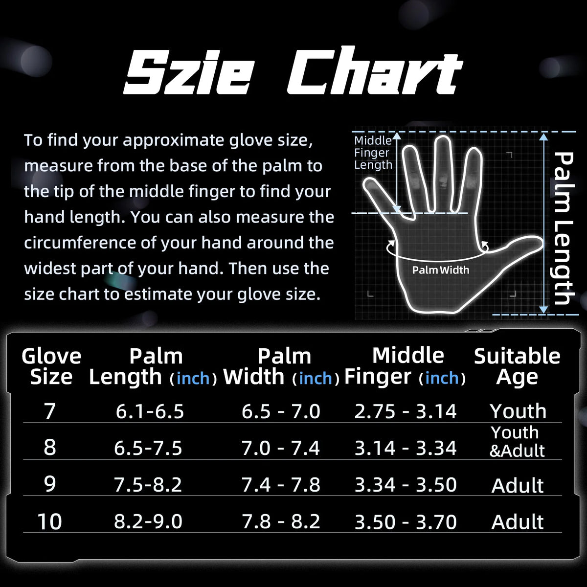 A size chart for goalkeeper gloves showing measurements for various glove sizes and ages.