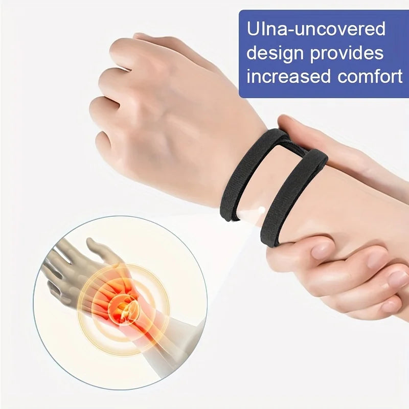 A hand wearing a black elastic pressure wrist strap for carpal tunnel relief, demonstrating its design.