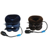 Inflatable cervical traction stretcher with dark blue and black inflatable pads and tubing