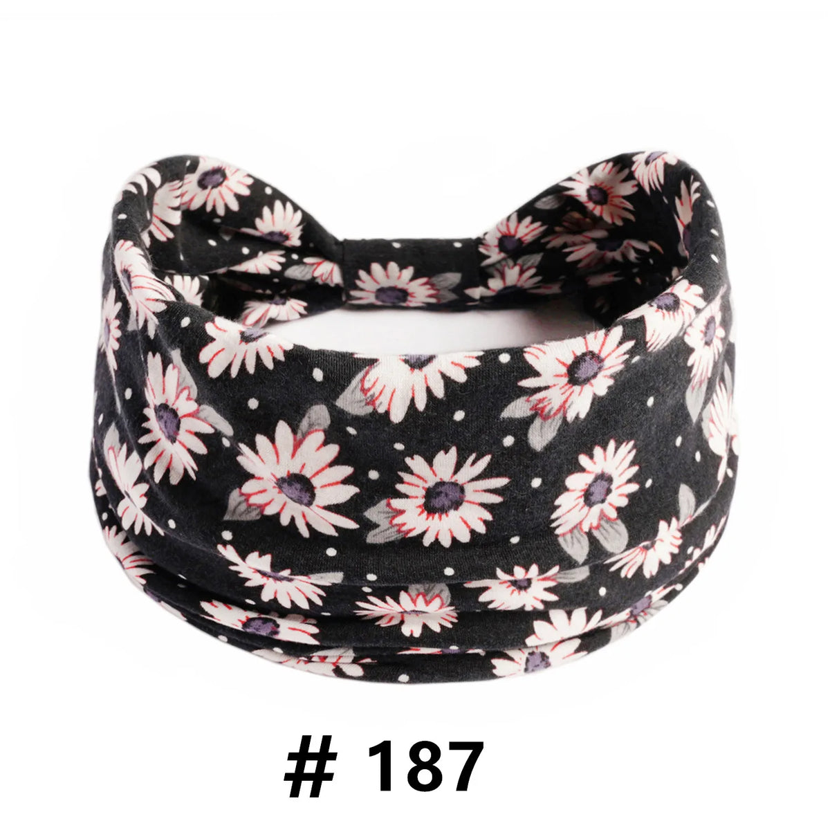 Bandeau en coton extensible à motifs floraux noirs porté autour de la tête