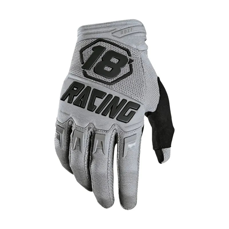 Gray full finger cycling gloves with black accents featuring the number 18 racing design