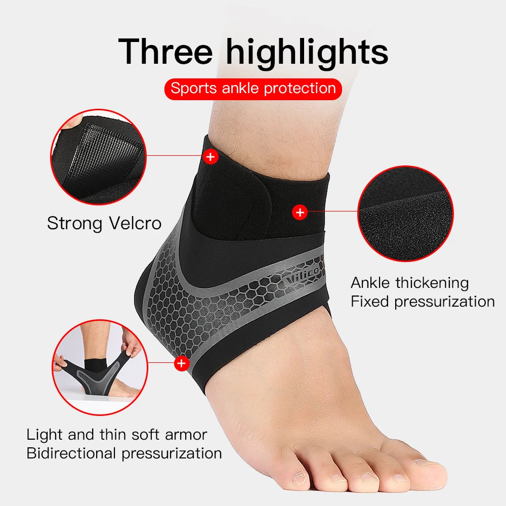 A black compression ankle brace is shown on a person's foot, highlighting features like sports ankle protection and fixed pre
