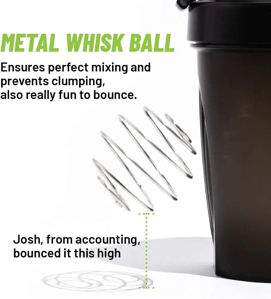 A close-up of a black sports shaker bottle with a metal whisk ball shown next to some thin metal wires.