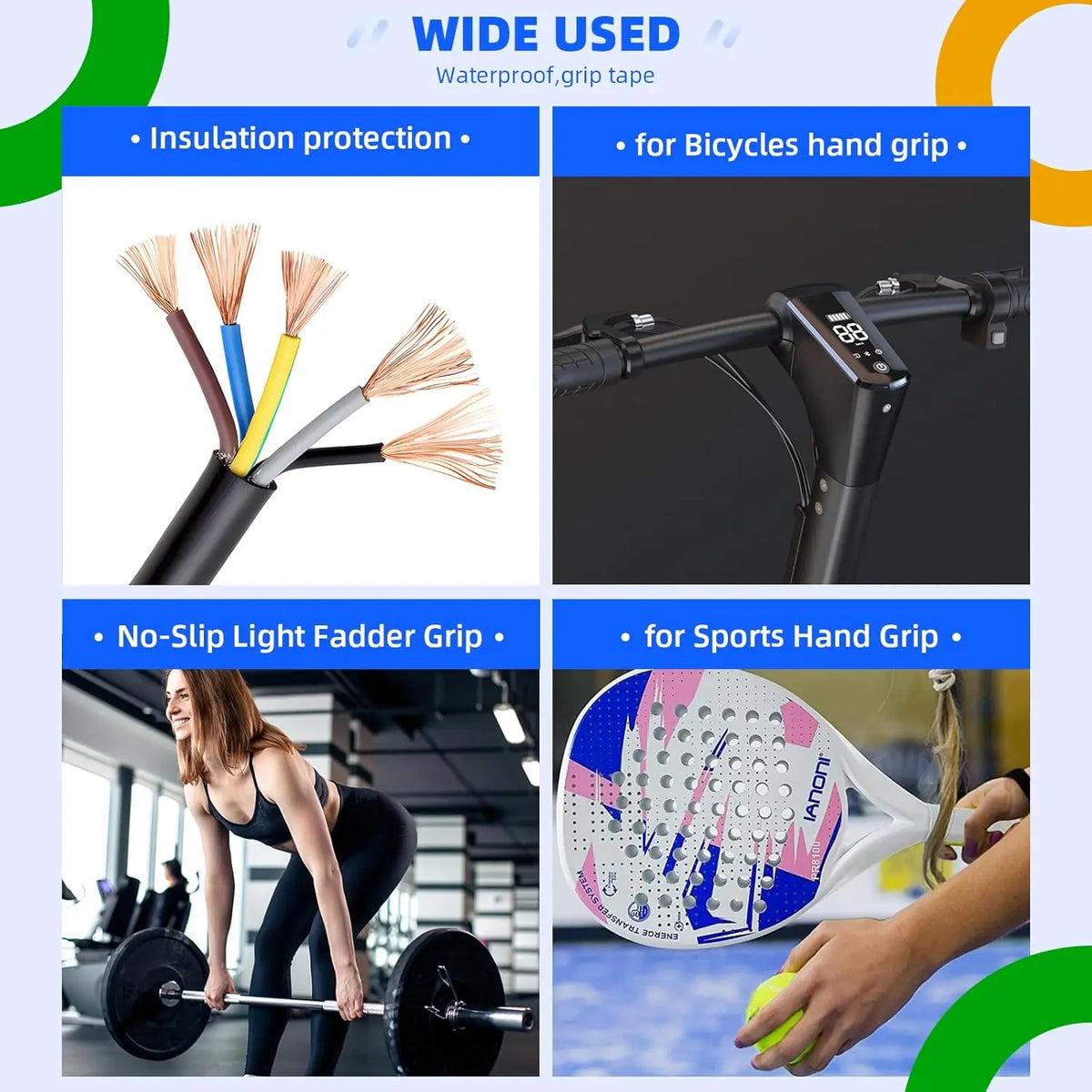 Various uses of self-fusing silicone repair tape including insulation protection, bicycle grips, and sports hand grips