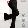 A woman wearing black high-rise pants is shown in a side profile, highlighting the fit and features of the garment.