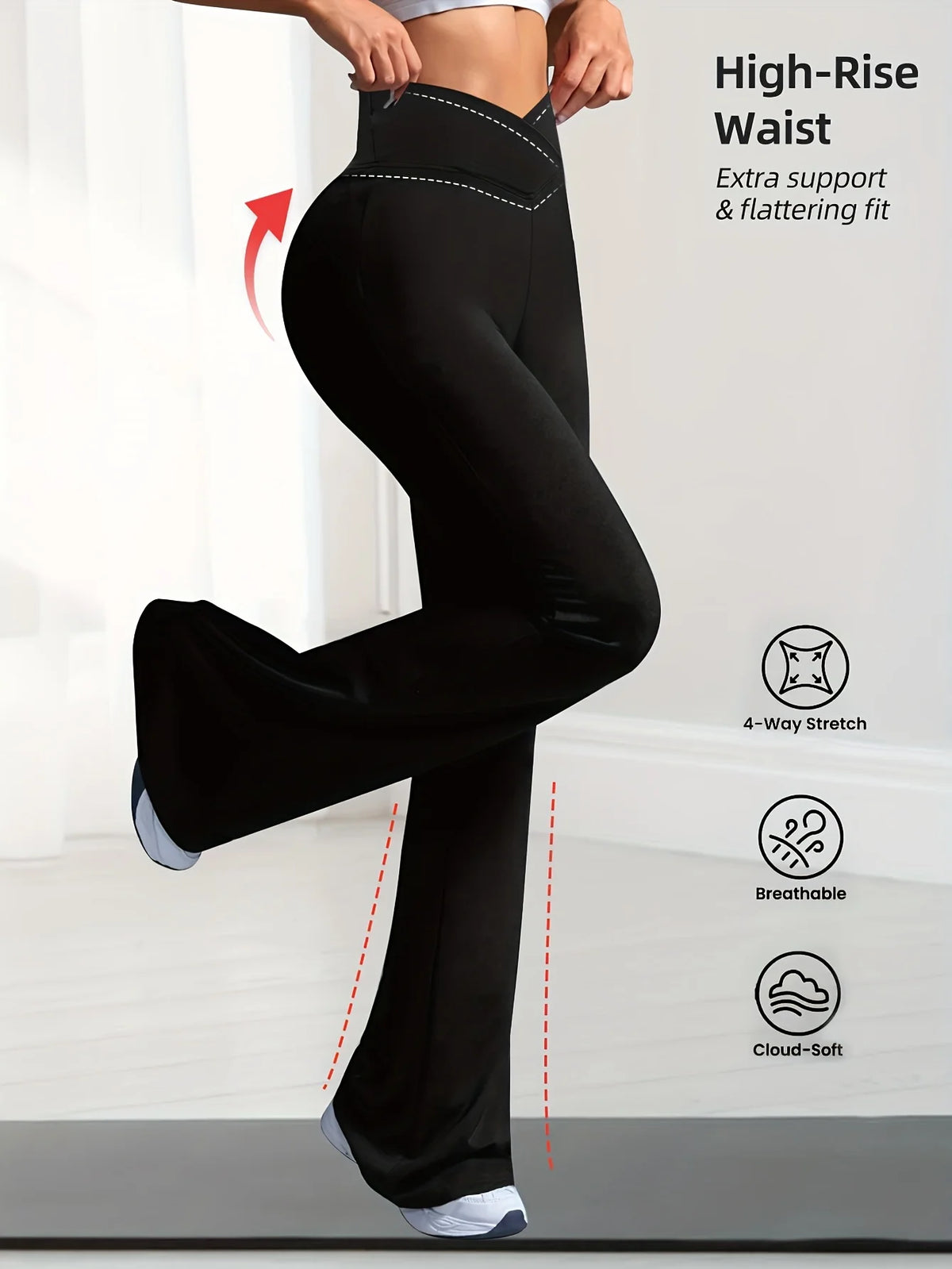 A woman wearing black high-rise pants is shown in a side profile, highlighting the fit and features of the garment.