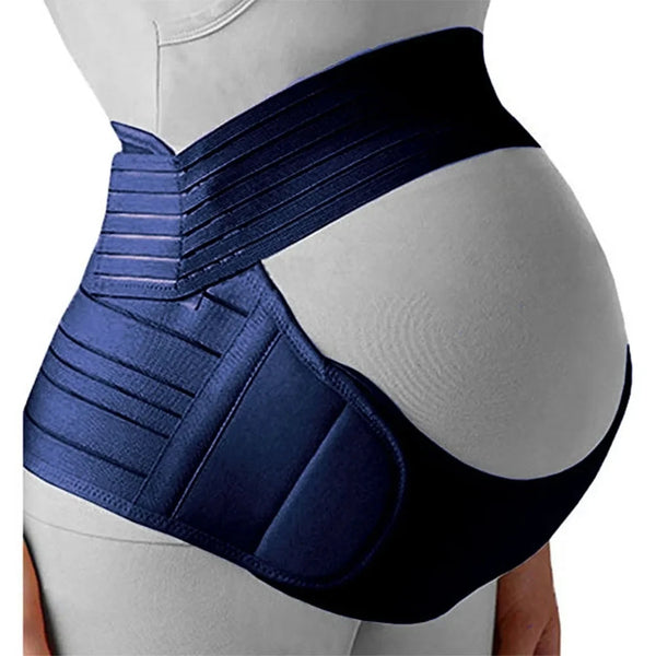 A navy blue adjustable maternity belly support belt worn on a person's abdomen.