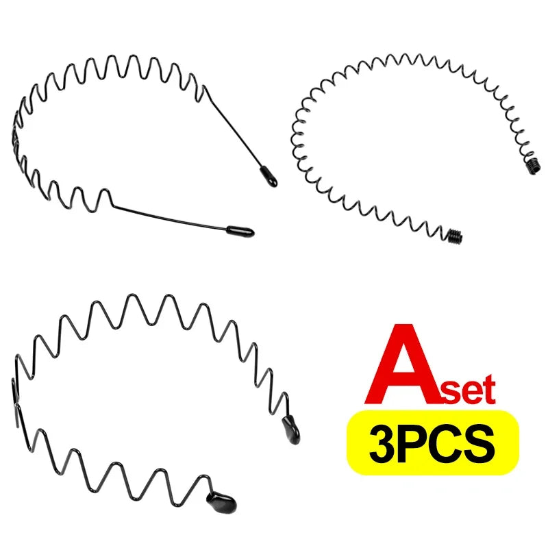 Three black fashion metal hair bands shown in various curved shapes