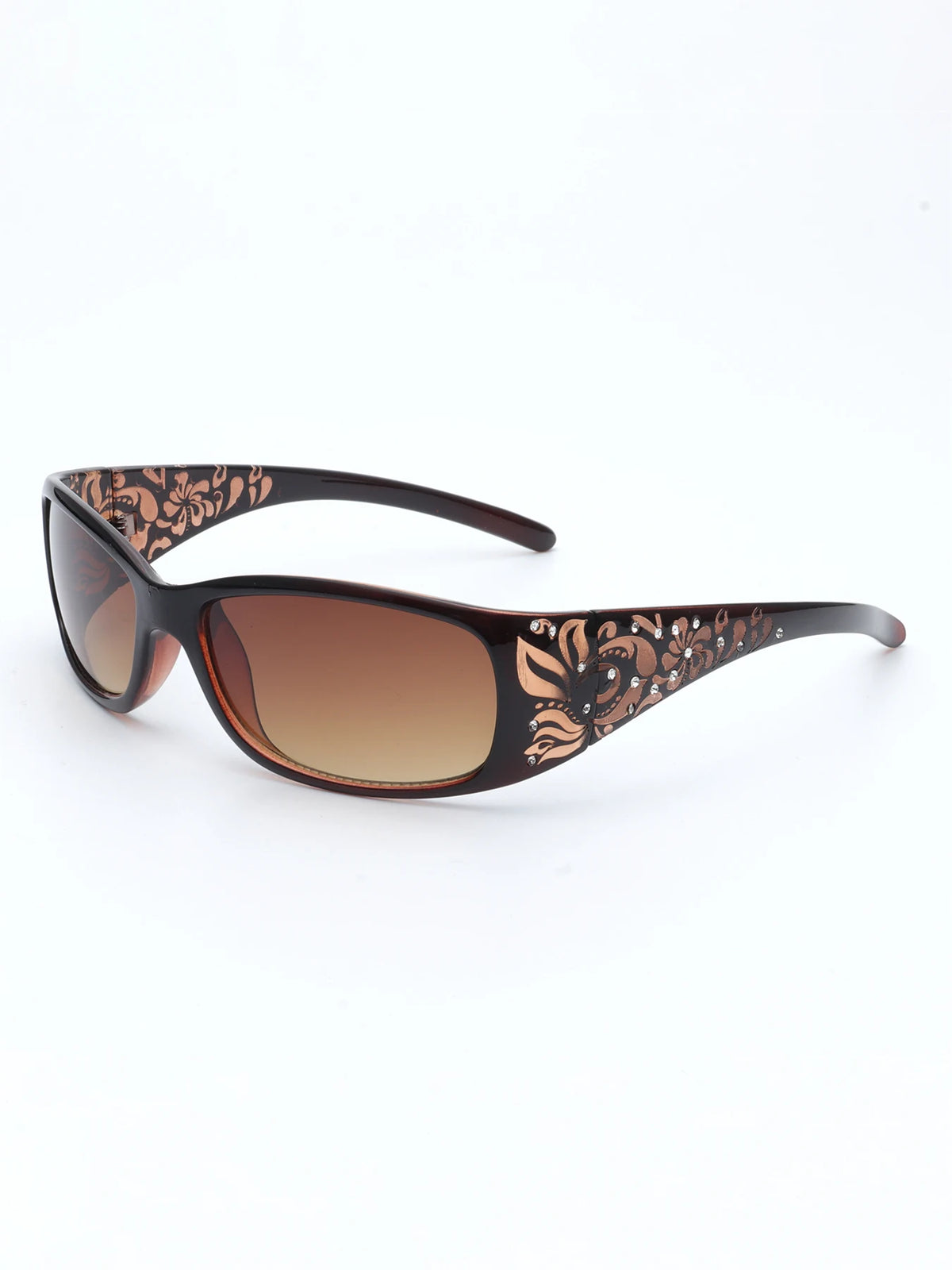 Gafas marrones con montura cuadrada y patrón floral detallado.
