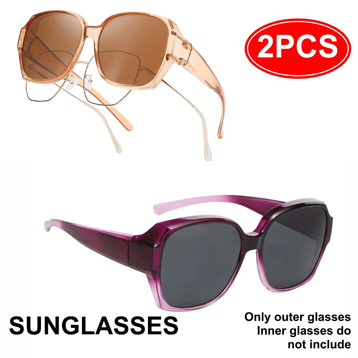 A pair of rose gold wrap-around sunglasses shown alongside a pair of purple-tinted sunglasses.