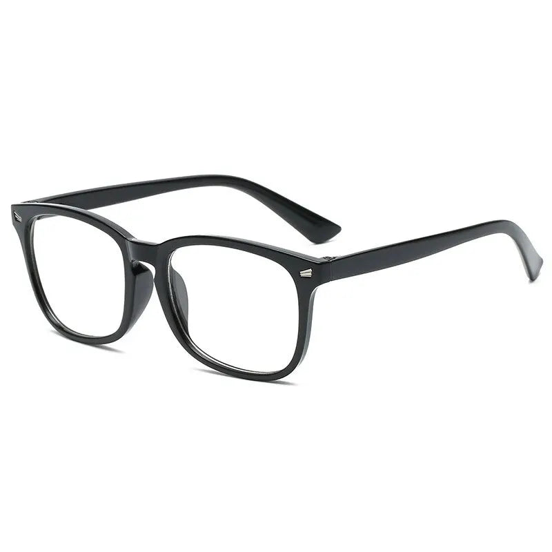 Elegant anti-blue light reading glasses with black frames shown against a white background.