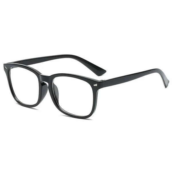 Elegant anti-blue light reading glasses with black frames shown against a white background.