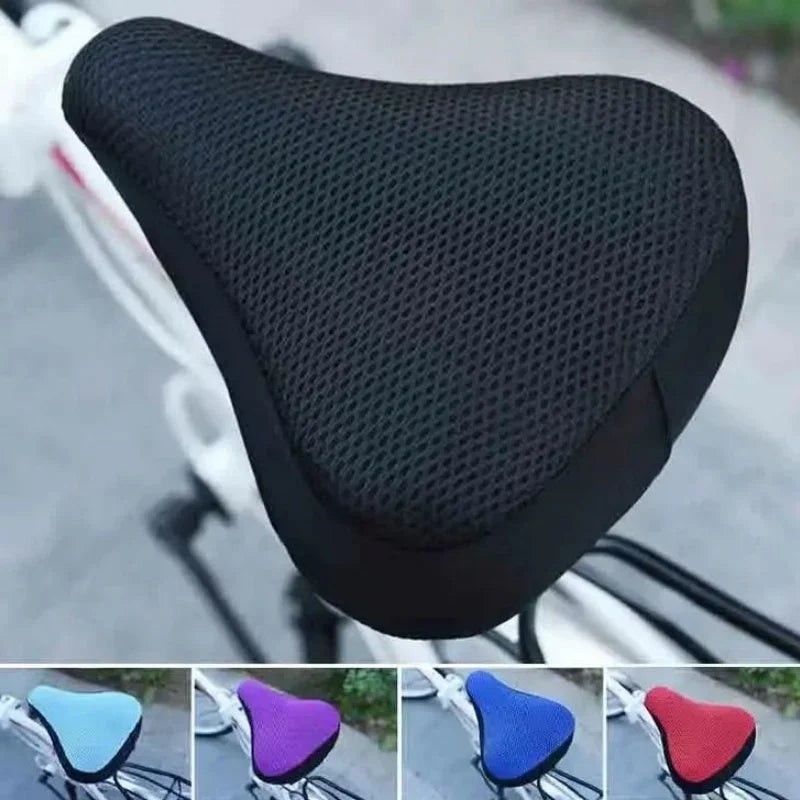 Close-up view of a black breathable 3D mesh bicycle saddle cushion with various color options.