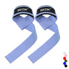 A pair of light blue gym weightlifting straps with black grips and a color swatch guide.