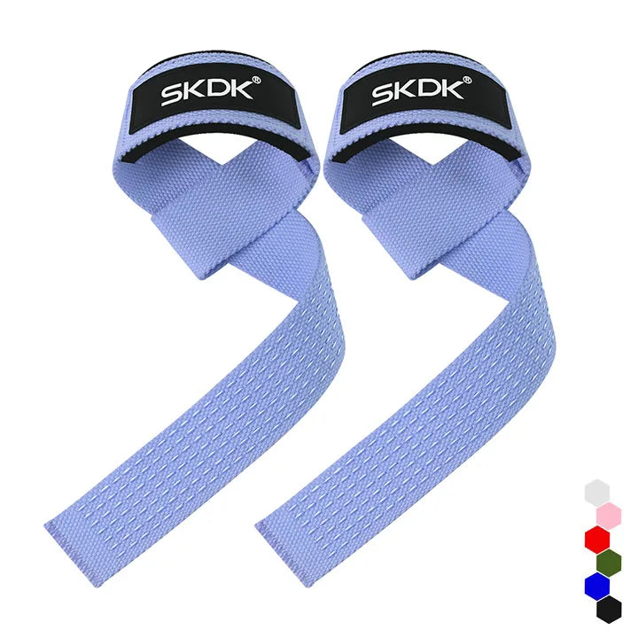 A pair of light blue gym weightlifting straps with black grips and a color swatch guide.