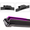 Close-up views of black universal car wiper blades and a full view of the wiper assembly.