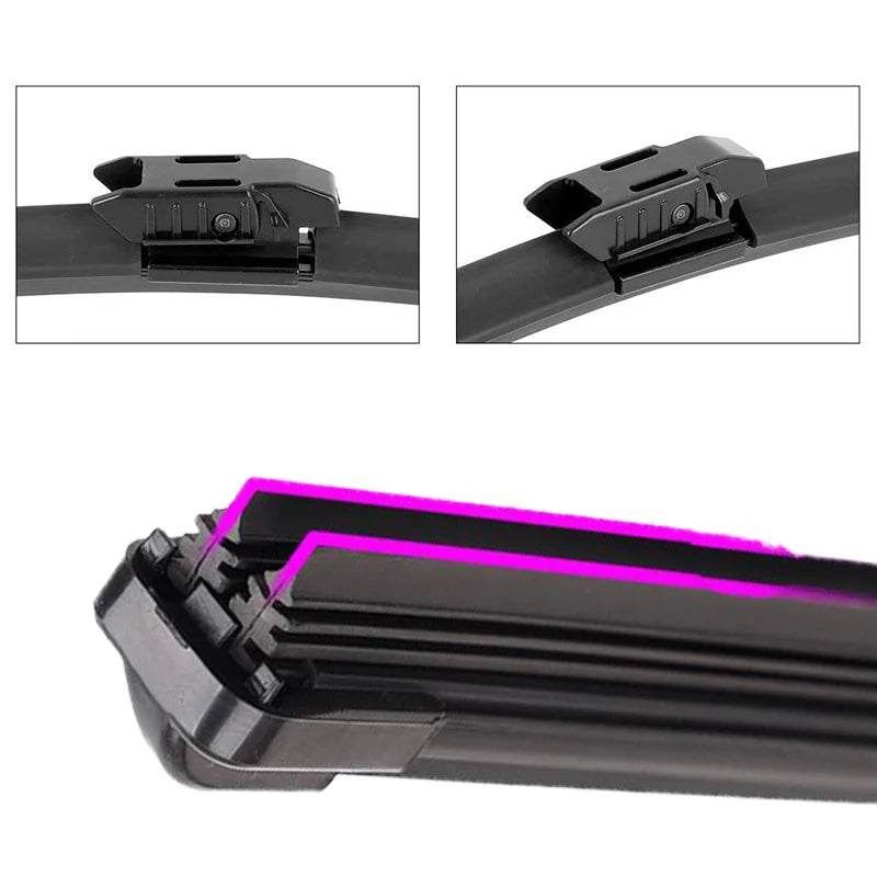 Close-up views of black universal car wiper blades and a full view of the wiper assembly.