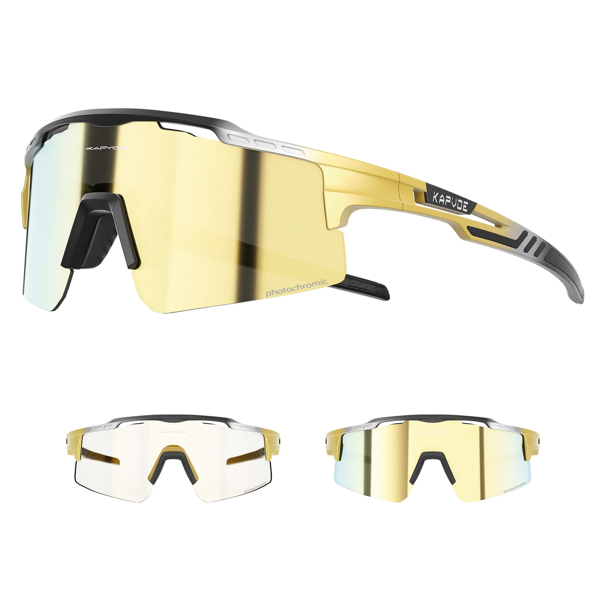 A pair of gold-tinted photochromic cycling sunglasses with black frames shown from the side and front views.