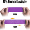 Hands hold purple kinesiology tape strips measuring 25cm and 42cm to demonstrate stretch elasticity.