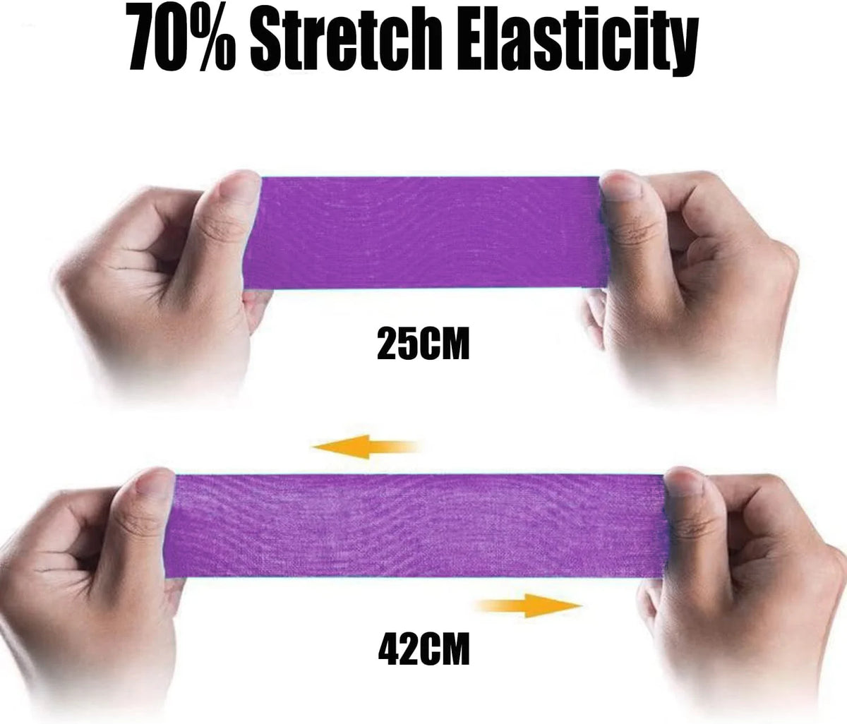 Hands hold purple kinesiology tape strips measuring 25cm and 42cm to demonstrate stretch elasticity.