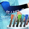 A variety of colorful UV protection arm cooling sleeves are displayed on a white stand.