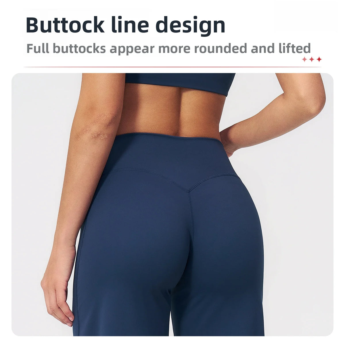 A model wearing dark blue high-waist yoga leggings showing a rounded and lifted buttock line.