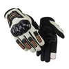 A pair of durable motorcycle riding gloves in black and beige leather with stitching details.