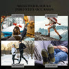 A collage showing merino wool socks used for camping, hiking, running, and leisure activities.